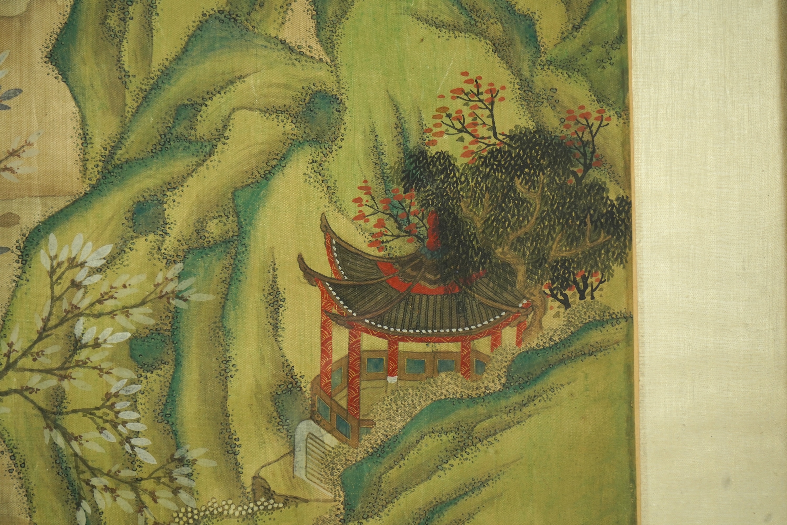 Chinese School , (late 19th century), Ladies in a garden, Ink and colour on silk, 107cm x 41cm, excluding brocade border